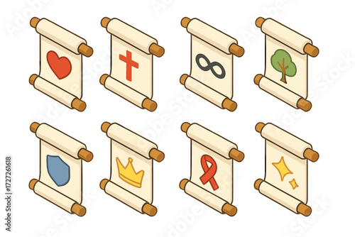 Symbolic Scroll Icons. Symbolic Blessing Scrolls set icons in modern isometric flat : scroll with heart, scroll with cross, scroll with infinity sign,