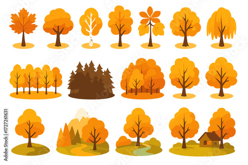 Autumn Tree Icons. Forest Autumn Trees set icons in modern isometric flat : maple tree, oak tree, birch tree, chestnut tree, beech tree, aspen tree,