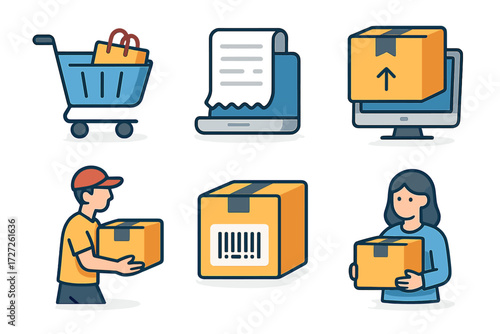 E-commerce Order Icons. E-commerce Orders set icons in modern isometric flat : online cart, order receipt, processing box, courier delivery, tracking