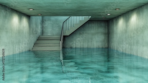Flooded basement room with concrete stairs and metal railing