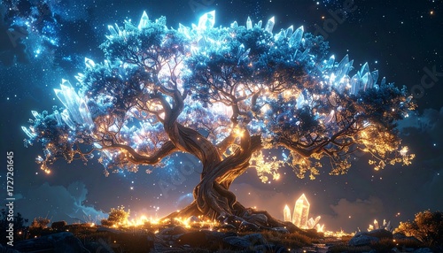 Magical Glowing Tree with Crystals and Fireflies, Fantasy Landscape with Enchanted Flora and Fauna