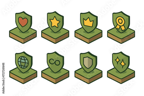 Isometric Protected Land Icons. Symbolic Protected Land set icons in modern isometric flat : protected land with heart, protected land with star,