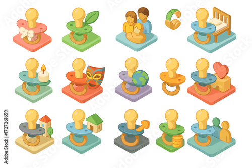 Event Pacifier Icons. Event Natural Pacifiers set icons in modern isometric flat : baby shower pacifier, eco fair pacifier, parenting expo pacifier,