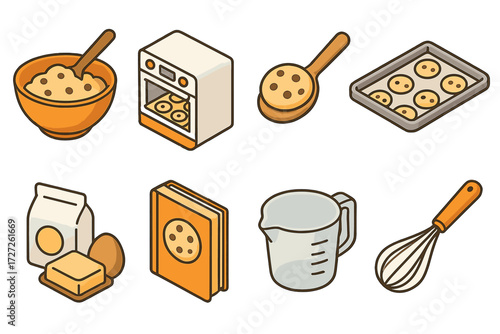 Isometric Baking Icons. Baking & Cooking set icons in modern isometric flat : homemade snacks with mixing bowl, homemade snacks with oven, homemade