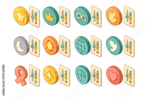 Isometric Control Panel Icons. Symbolic Control Panels set icons in modern isometric flat : control panel with star, control panel with crown, control