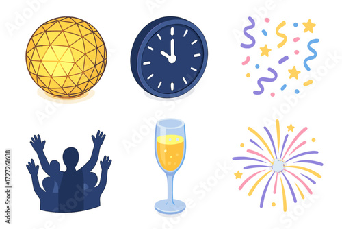 New year celebration neon icon set. featuring ball drop, clock, confetti, party, champagne, fireworks