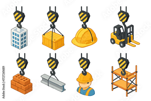 Isometric Crane Hook Icons. Construction Context set icons in modern isometric flat : crane hook with building, crane hook with cargo, crane hook with