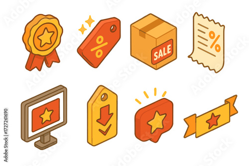 Isometric Sale Icons. Special Offer set icons in modern isometric flat : ribbon badge with star, discount tag with sparkles, box with sale sticker,
