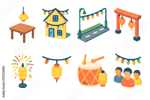 Festival Lights Icons. Festival Contexts set icons in modern isometric flat : light over table, lights around house, street decorated with lights,