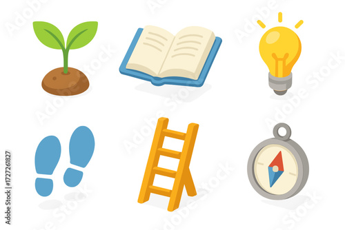Personal Growth Icons. Personal Growth set icons in modern isometric flat : sprouting plant, open book, lightbulb idea, footprints forward, ladder