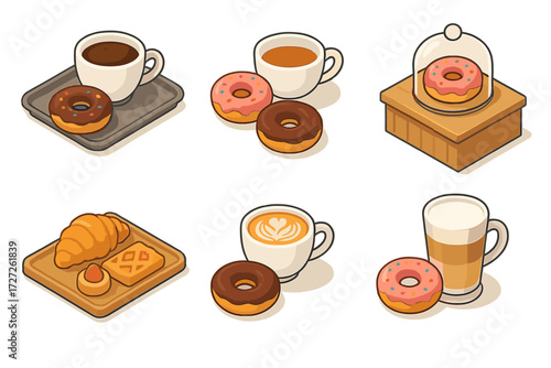 Café Icon Set. Café Style set icons in modern isometric flat : tray with coffee and doughnuts, doughnuts with tea cup, café counter tray, artisan