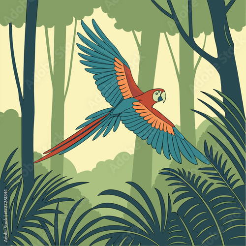 Colorful macaw parrot flying through a lush green jungle with tall trees and palm fronds