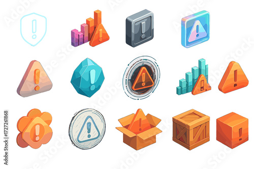 Isometric Stock Alert Icons. Creative Stock Alerts set icons in modern isometric flat : neon glowing alert badge, gradient stock icon, metallic