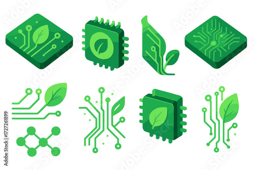 Eco-Friendly Circuit Icons. Green Circuit set icons in modern isometric flat : circuit board with leaf, chip with eco symbol, glowing green PCB,