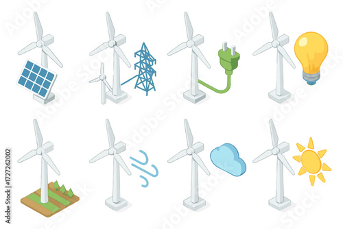 Renewable energy flat icon set. featuring solar, wind, power grid, plug, bulb, land, air, cloud, sun symbols