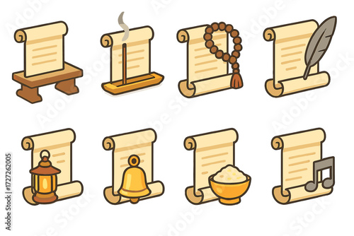 Ceremonial Scrolls Icons. Ritual & Ceremony set icons in modern isometric flat : scroll on altar table, scroll with incense, scroll with prayer beads,