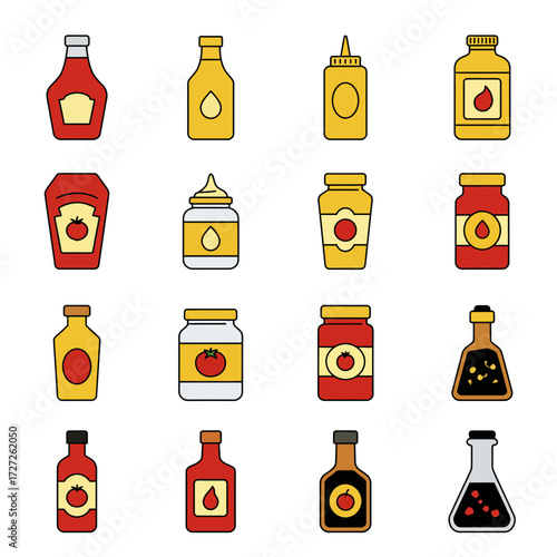 Sixteen icons of various sauce and condiment containers arranged in a fourbyfour grid
