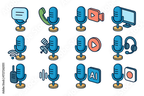 Microphone Icon Matrix. Communication Mic set icons in modern isometric flat : mic with chat bubble, mic with phone, mic with video call, mic with