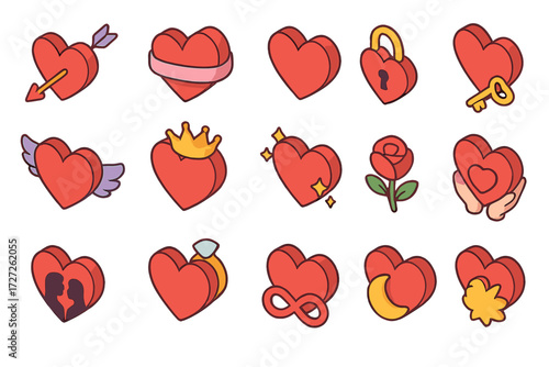 Valentine's day 3d icon set. featuring arrow, padlock, rose, crown, infinity, moon, and heart symbols