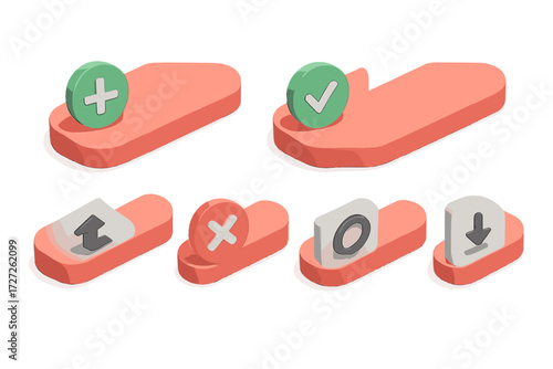 Modern Button States Icons. Button States set icons in modern isometric flat : buy now button with plus sign, buy now button with checkmark, buy now