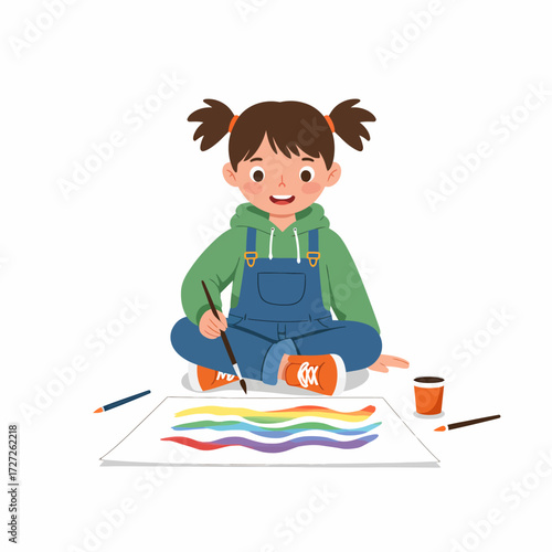 Happy Young Girl Creatively Painting a Colorful Rainbow Artwork