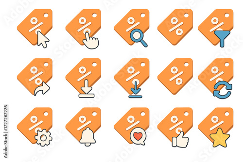 Interactive Tag Icons. Interactive Discount Tags set icons in modern isometric flat : clickable tag, tag with cursor, tag with tap hand, tag with
