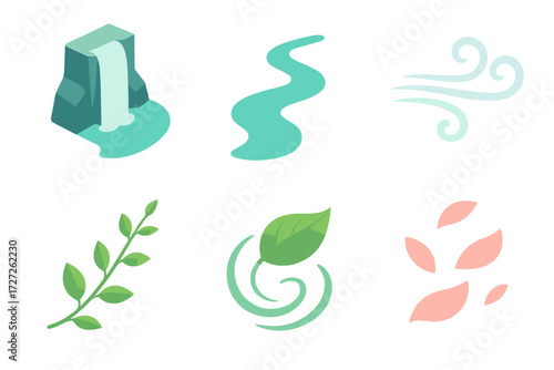Nature Icon Set. Nature Streamers set icons in modern isometric flat : waterfall stream, flowing river, gust of wind, trailing vine, leaf swirl,