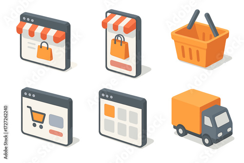 E-commerce Icon Set. E-commerce Store set icons in modern isometric flat : online shop window, mobile store app, digital basket, order checkout,