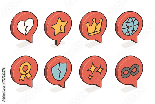 Isometric Social Breaks Icons. Symbolic Social Breaks set icons in modern isometric flat : social break with heart, social break with star, social