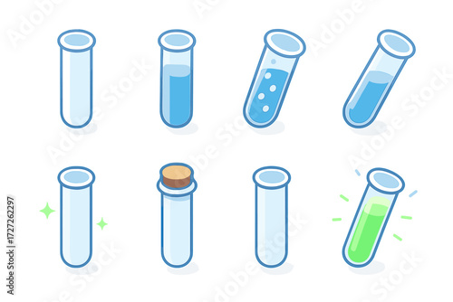 Science beakers neon icon set. featuring test tubes, filled, empty, corked, glowing, and transparent variations