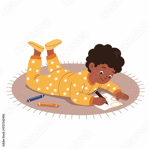 Happy Young Boy Drawing with Markers on a Rug, Fostering Creativity