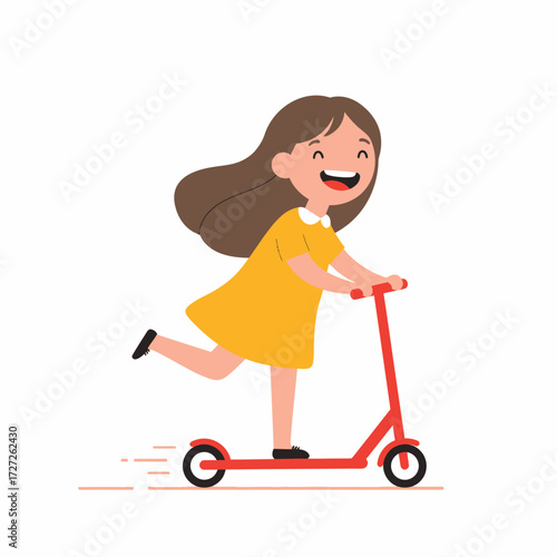 Cheerful Young Girl Joyfully Rides a Red Kick Scooter Outdoors