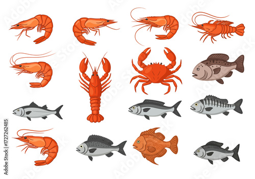 Vector icons of various cooked and raw seafood including shrimp lobster crab and fish