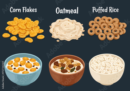 Three types of breakfast cerealCorn Flakes Oatmeal and Puffed Riceshown dry and served in bowls