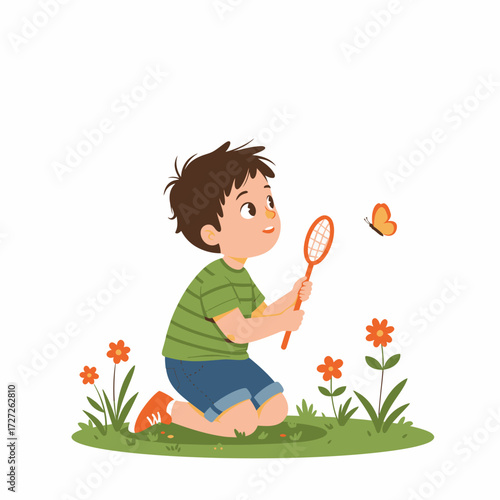 Boy catching butterfly in garden meadow, joyful nature scene vector”