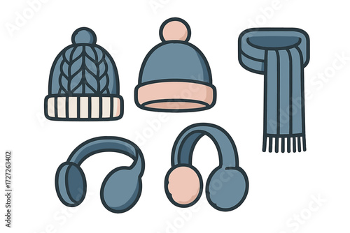 Warm winter accessories including hats and earmuffs on a light background
