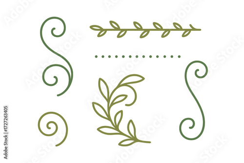 Decorative green line art featuring swirls and leaf designs in a minimalist style for creative projects