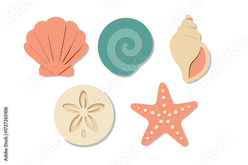 Colorful sea-themed shapes arranged on a plain background suitable for children?s learning activities and creative play