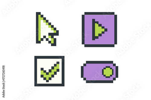 Colorful pixel icons representing common computer actions and functions in retro video game style