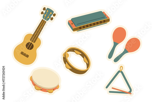 Colorful musical instruments arranged on a light background perfect for creative projects and decorations