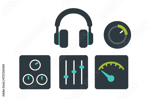 Headphones and audio mixing equipment in a creative workspace for sound design and music production