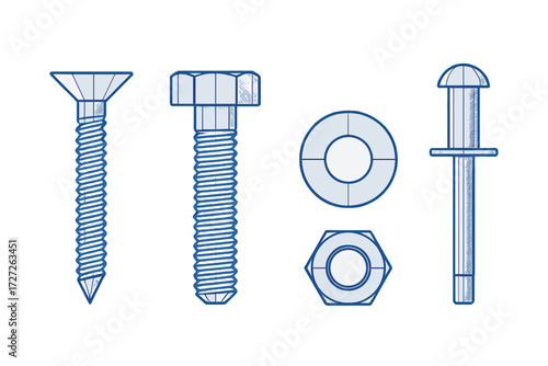 Various types of fasteners including screws, bolts, nuts, and rivets shown in detailed illustrations on a plain background