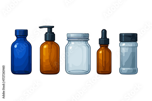 Various containers for liquids in different shapes and colors on a simple background