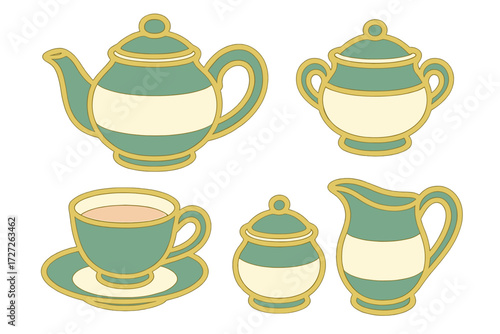 Tea set collection featuring a teapot, cups, sugar bowl, and creamer in elegant green and white designs