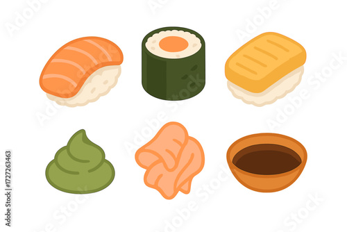 Various types of sushi and condiments presented on a simple background for a culinary showcase