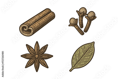 Spices laid out in a decorative pattern showcasing their unique shapes and textures on a plain background