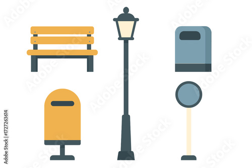 Colorful urban street elements featuring benches, lamps, and mailboxes for city parks and public areas