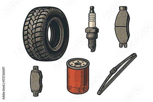 Collection of automotive parts including tire, spark plug, and oil filter on a plain background