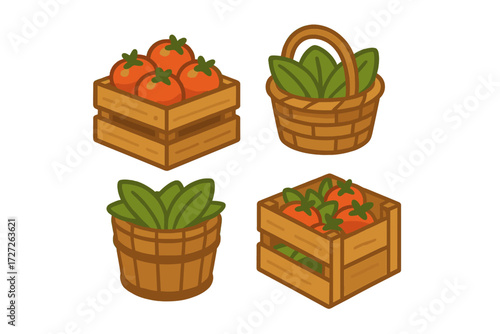 Baskets filled with fresh vegetables and fruits at a local market garden in summer