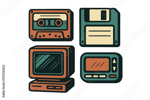 Retro technology collection featuring cassette tape, floppy disk, vintage monitor, and portable device in colorful design